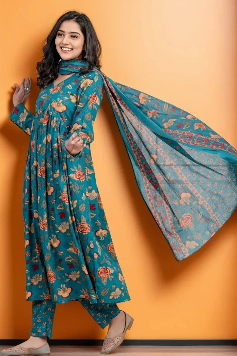 Sea Green Floral Kurti Set with Dupatta