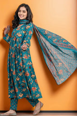 Sea Green Floral Kurti Set with Dupatta