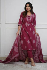 Maroon Cotton Printed Kurta Set with Dupatta