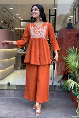 Orange A-line Embroidery Kurta with Palazzo