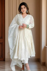 White Chanderi Silk Anarkali Kurta Set