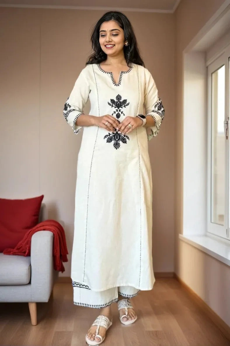 Off White Embroidered Kurta with Palazzo