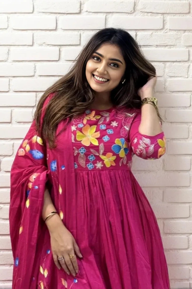 Pink Embroidered Anarkali Kurti Set With Dupatta