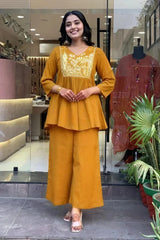 Mustard A-line Embroidery Kurta with Palazzo