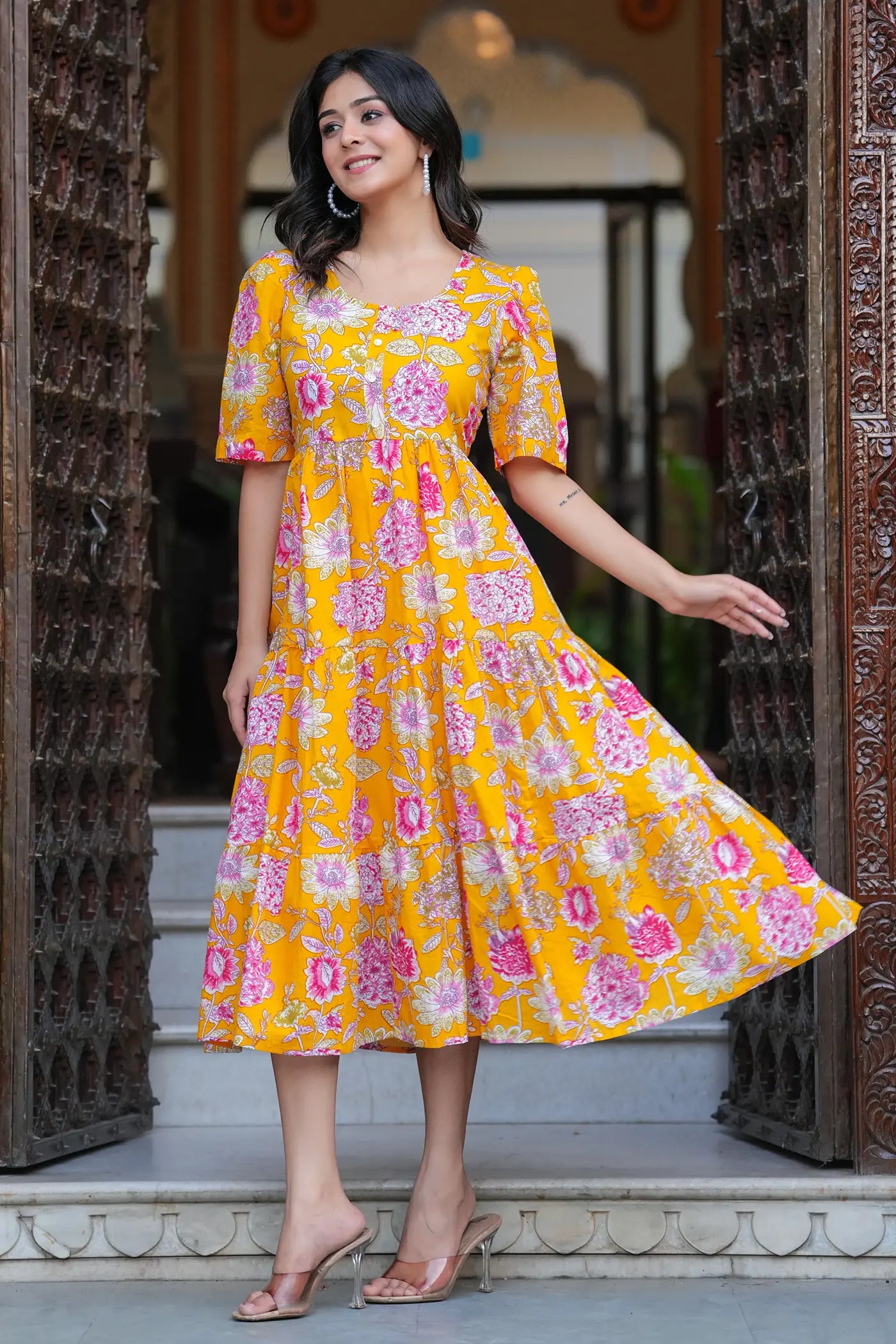 Yellow Floral Midi Dress