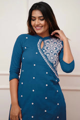 Royal Blue Embroidered Cotton Kurta Set