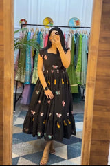 Black Embroidered Cotton Midi Dress