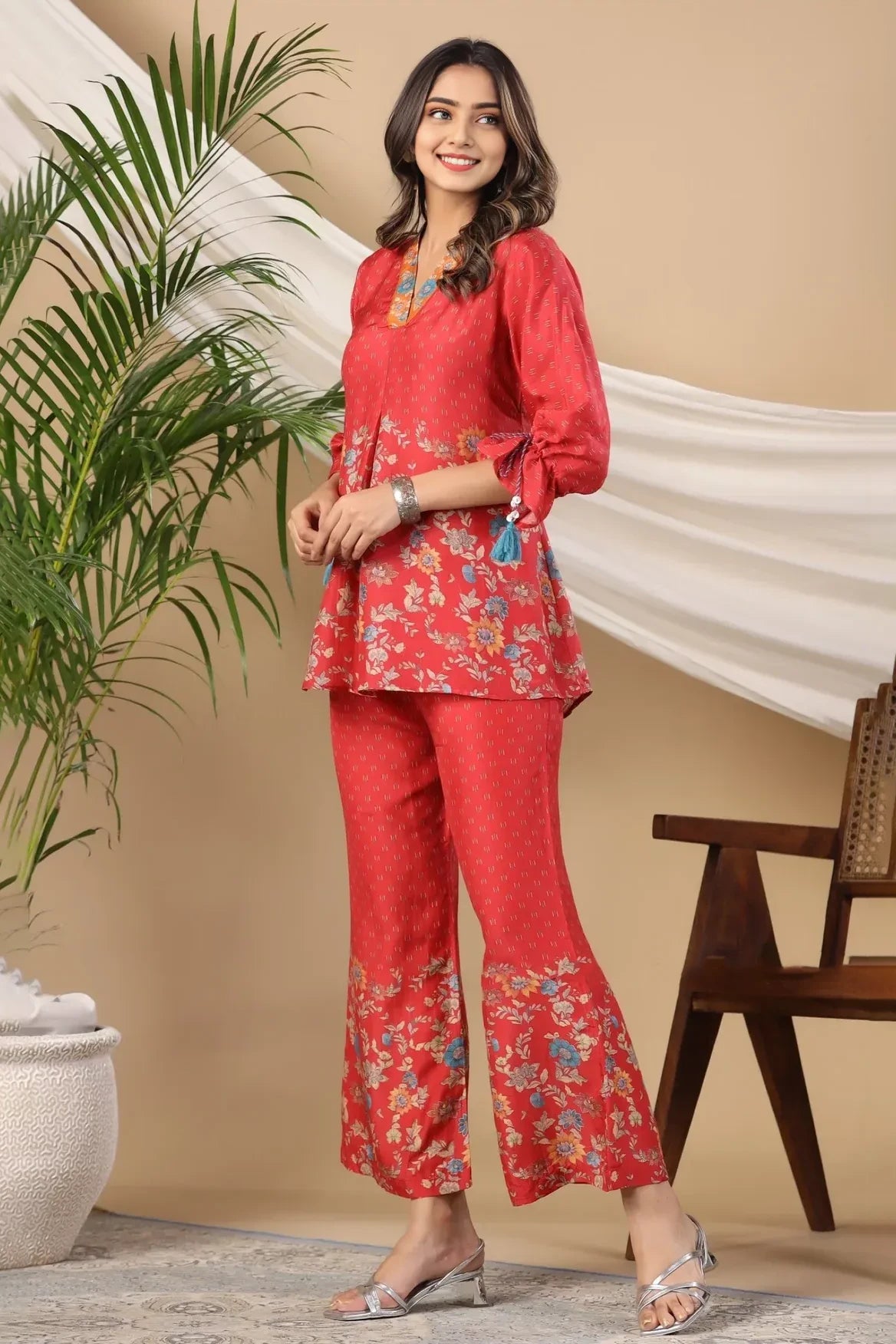 Red Muslin Digital Print Co-Ord Set