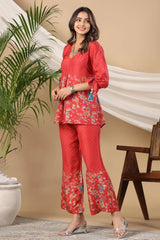 Red Muslin Digital Print Co-Ord Set