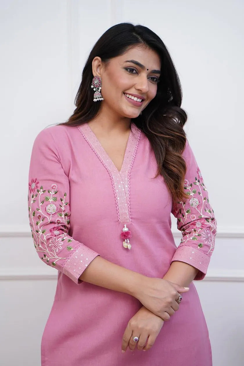 Pink Embroidered Kurta with Pant