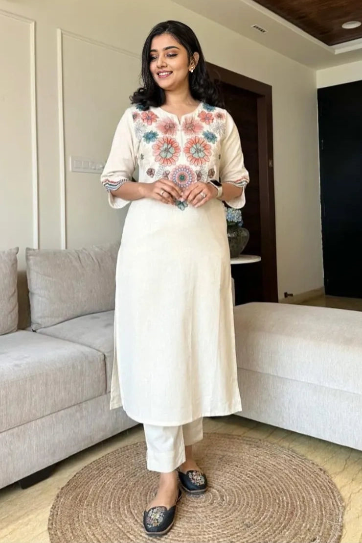 White Cotton Embroidered Kurta With Pant