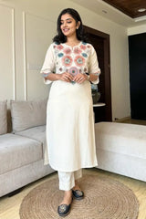 White Cotton Embroidered Kurta With Pant