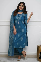Blue Cotton Printed Kurta Set with Dupatta
