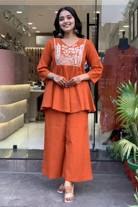 Orange A-line Embroidery Kurta with Palazzo