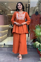 Orange A-line Embroidery Kurta with Palazzo