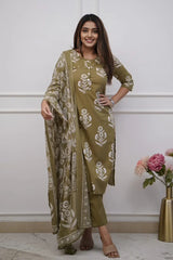 Olive Floral Kurti Set with Dupatta