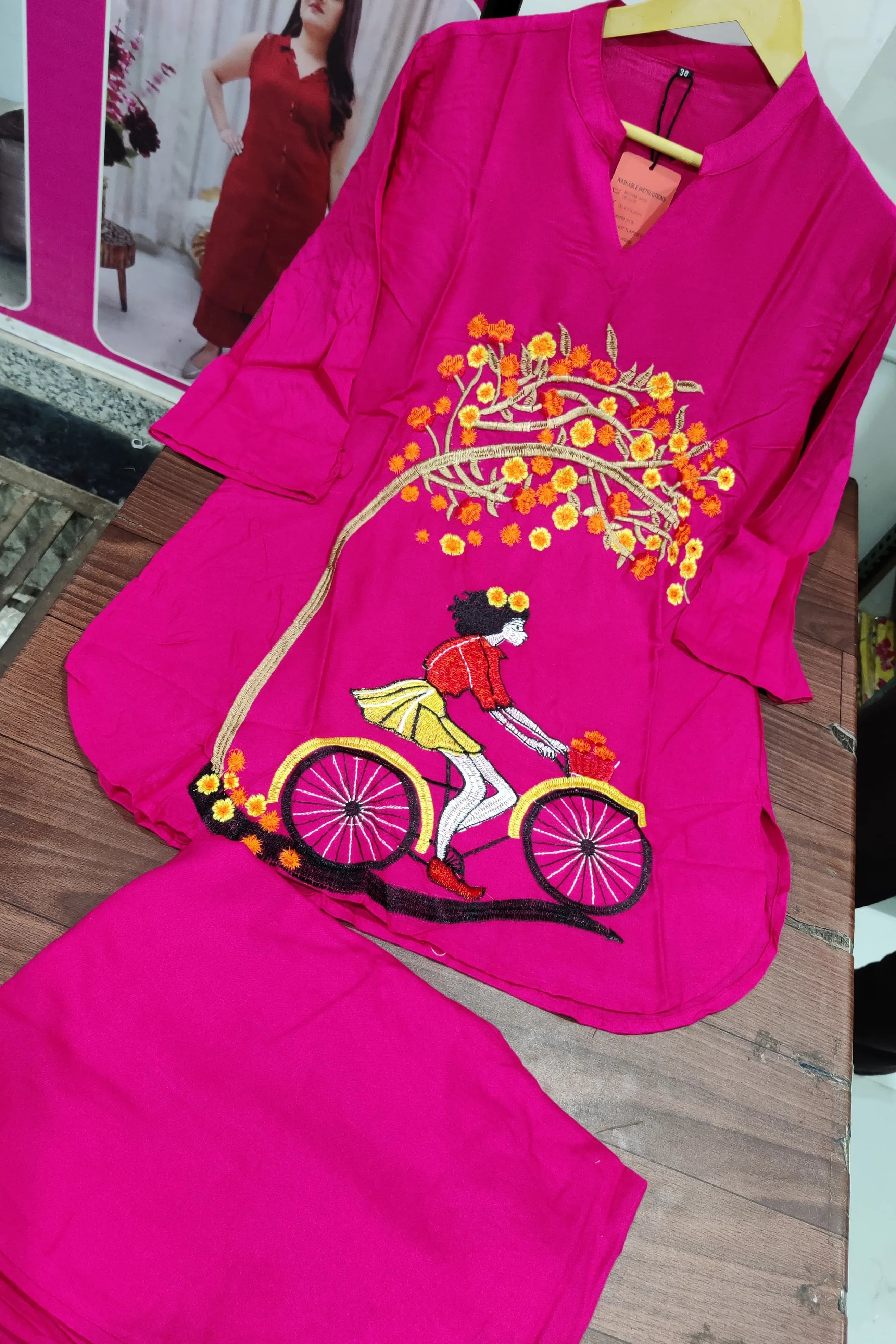 Pink Embroidered Cotton Kurta With Pant
