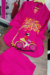Pink Embroidered Cotton Kurta With Pant