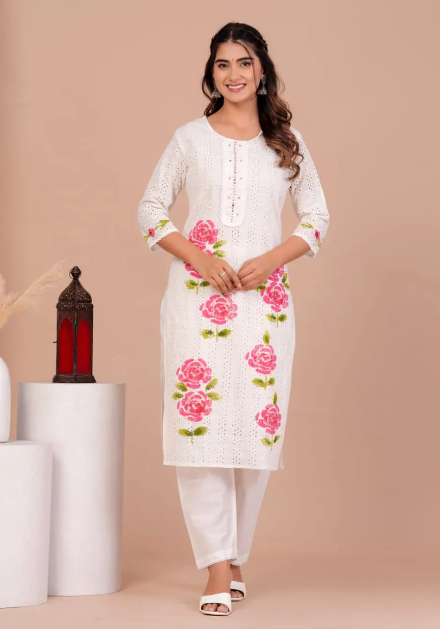 Pink Cotton Schiffli Kurta Set