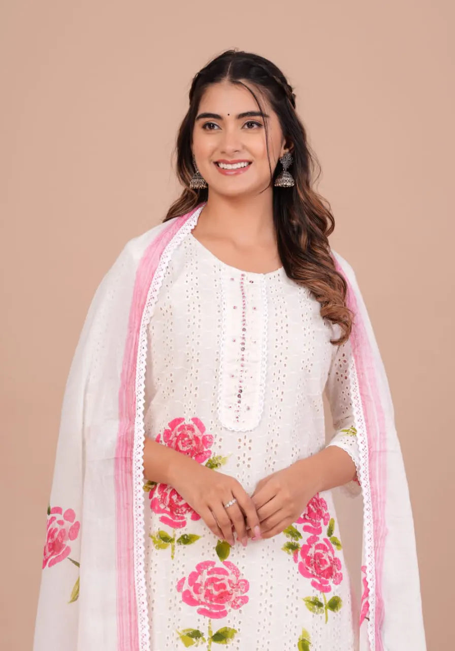 Pink Cotton Schiffli Kurta Set