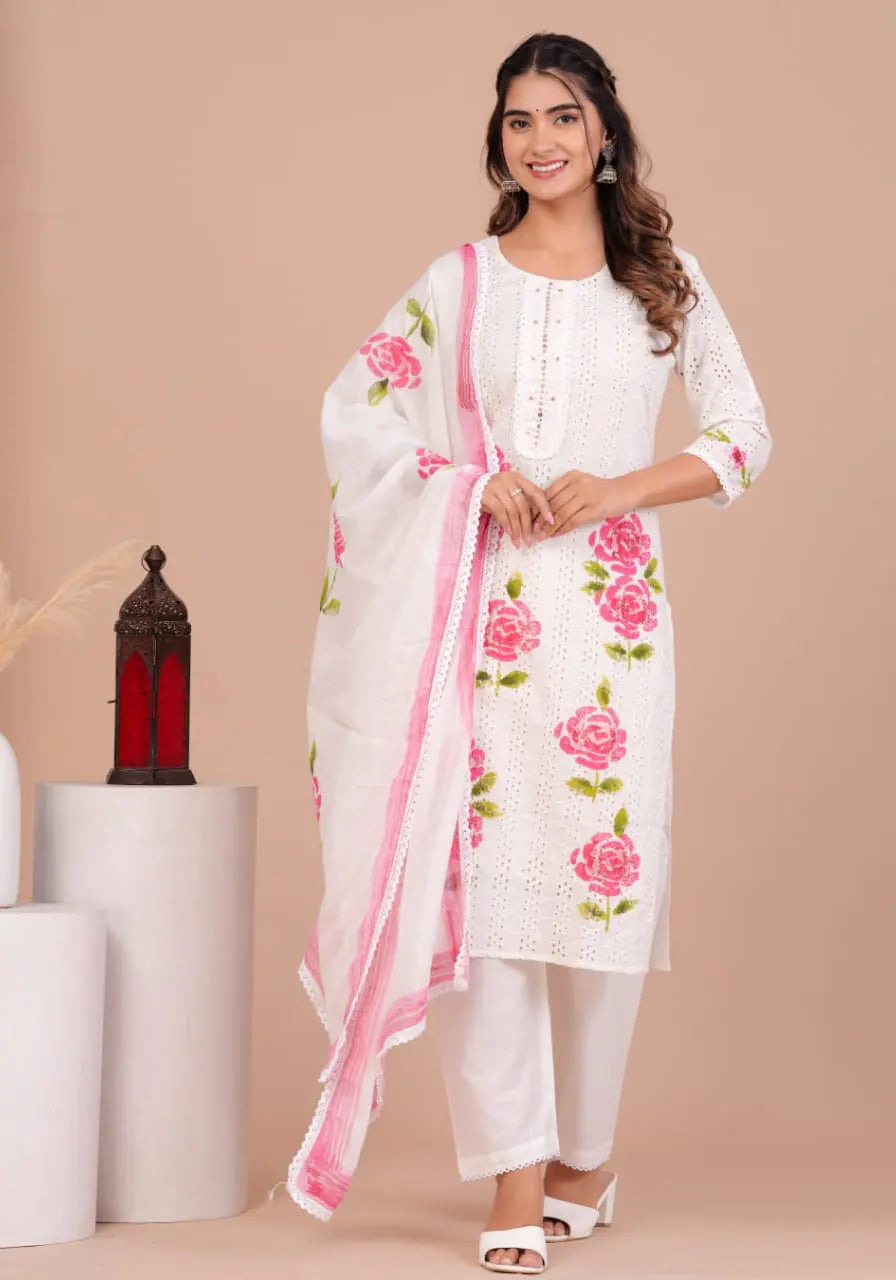 Pink Cotton Schiffli Kurta Set