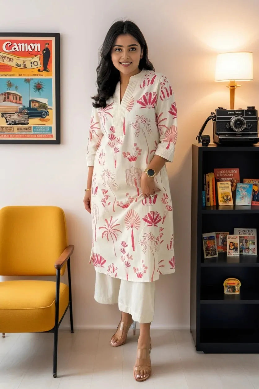 Pink Cotton Flex Kurta With Palazzo