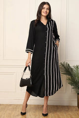 Black Front Slit Embroidered Dress