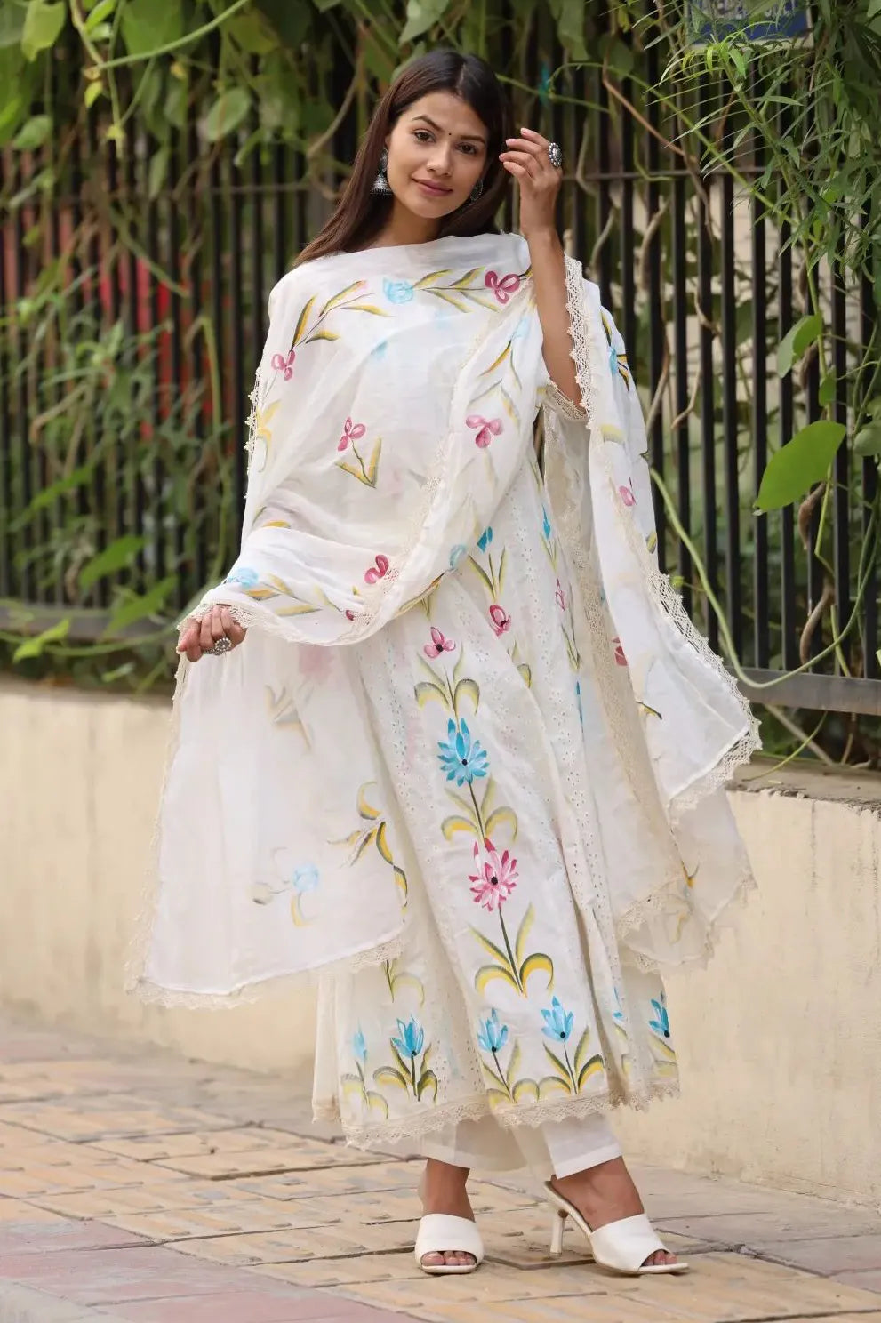 White Schiffli Flared Kurta Set