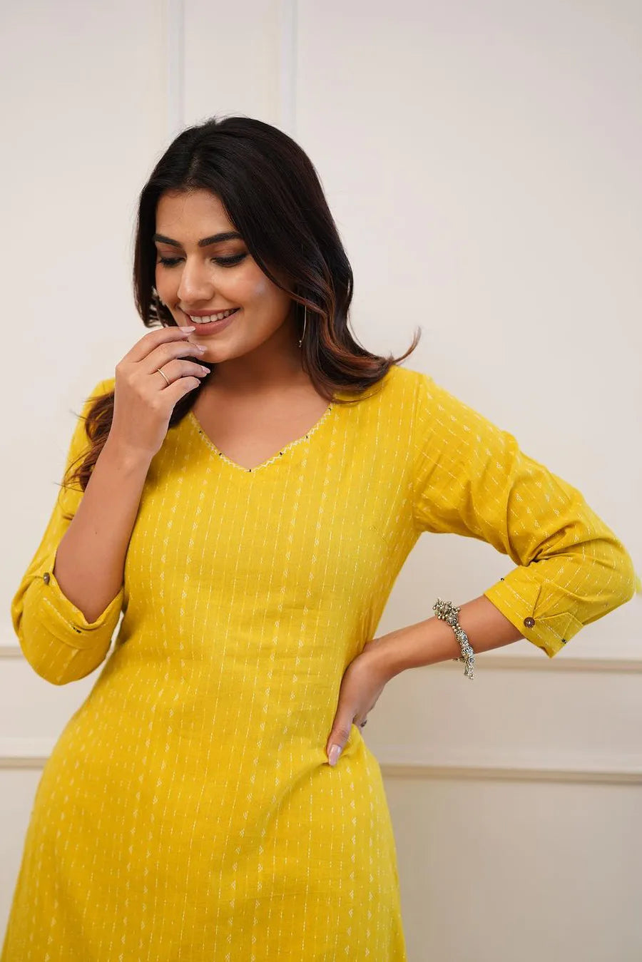 Yellow Cotton Katha Work Kurta Set