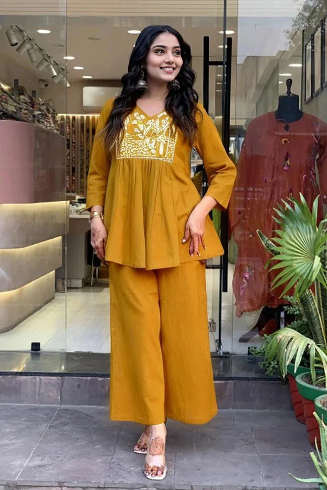 Mustard A-line Embroidery Kurta with Palazzo