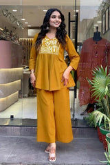Mustard A-line Embroidery Kurta with Palazzo
