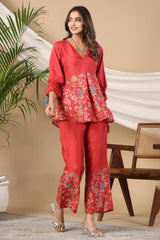 Red Muslin Digital Print Co-Ord Set