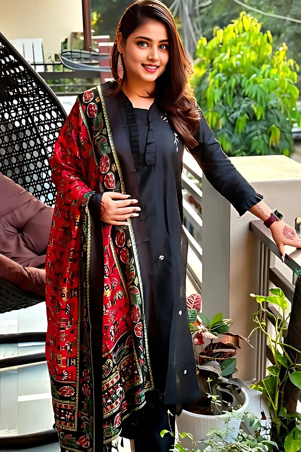 Black Frill Embroidered Kurta Set