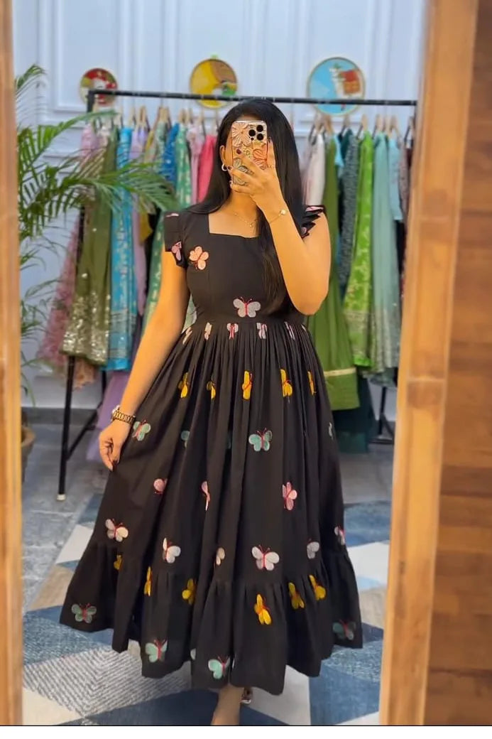 Black Embroidered Cotton Midi Dress