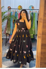 Black Embroidered Cotton Midi Dress