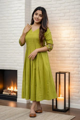 Green Pintex Embroidered Midi Dress