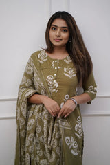 Olive Floral Kurti Set with Dupatta