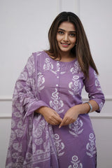 Purple Floral Kurti Set with Dupatta
