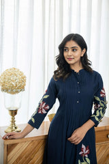 Blue Embroidered A-Line Kurta with Pant