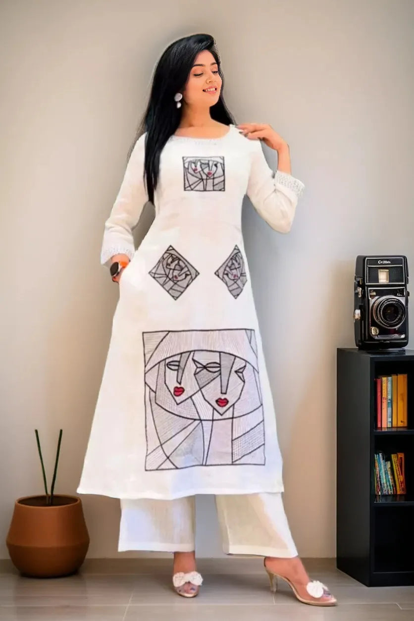 White Cotton Flex Kurta With Palazzo