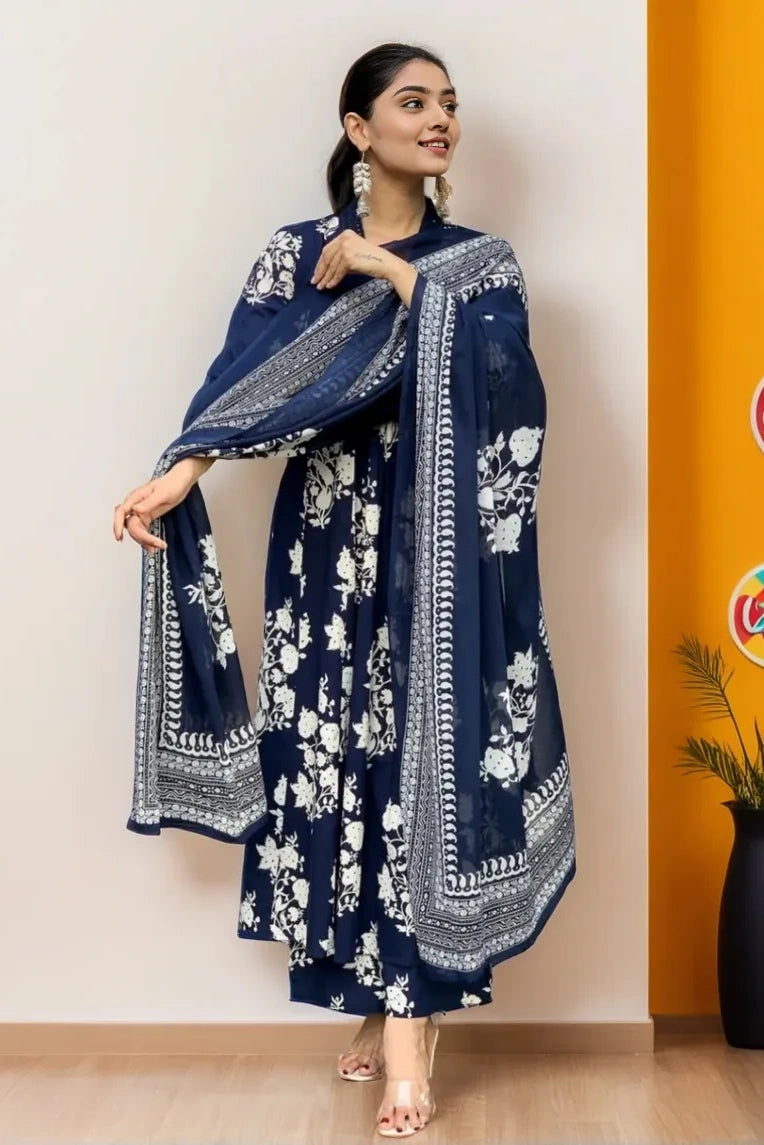 Blue Floral Kurta with Pant and Dupatta
