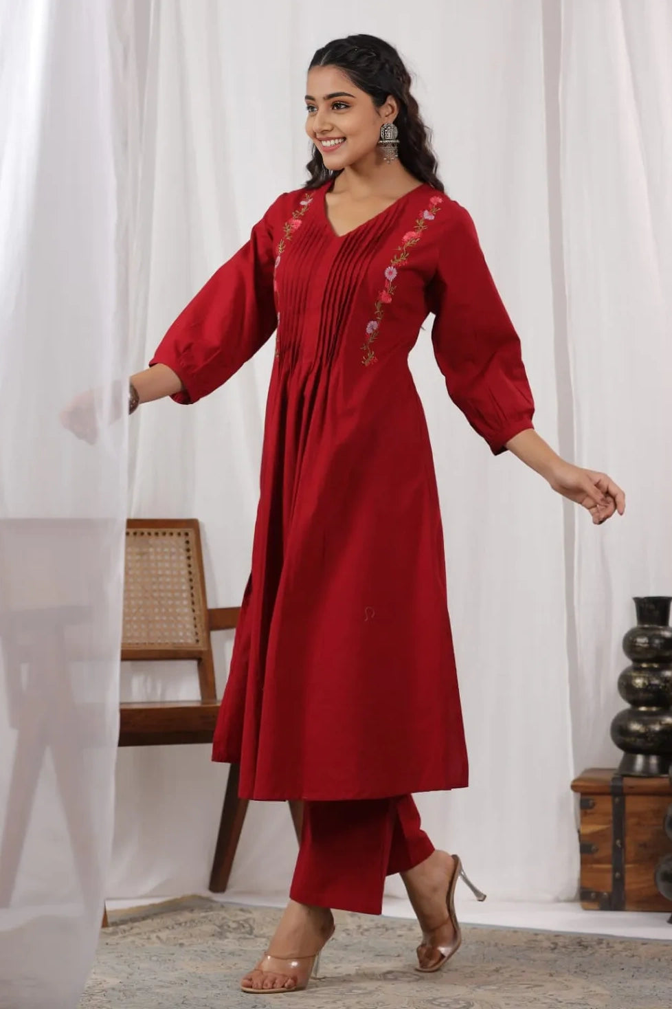 Maroon Pintex A-Line Kurta with Pant