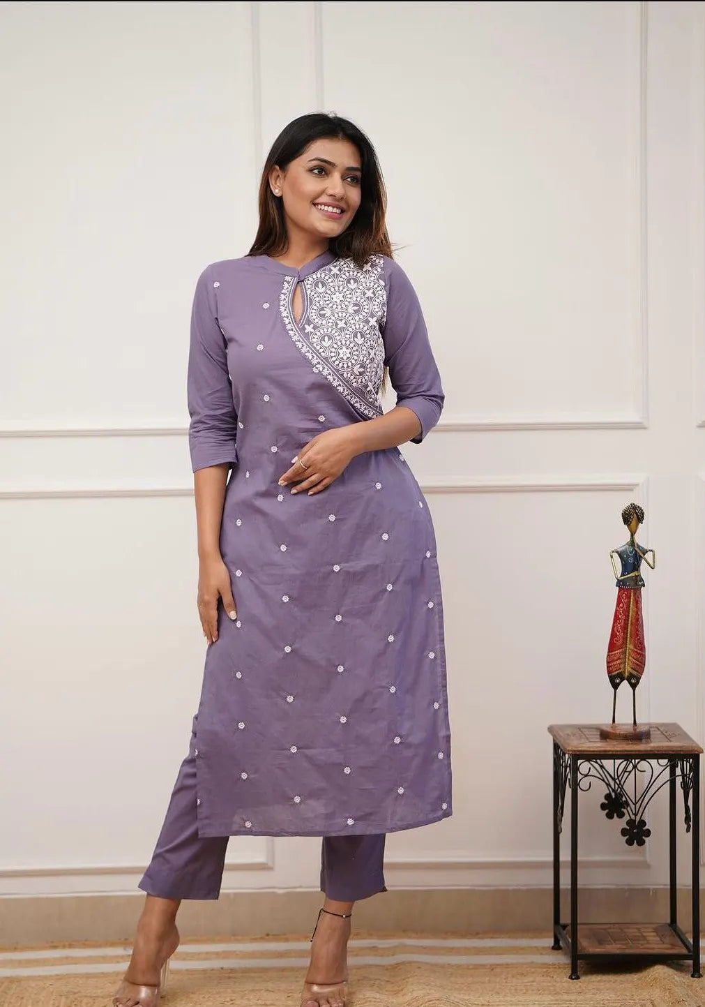 Lavender Embroidered Cotton Straight Kurta Set