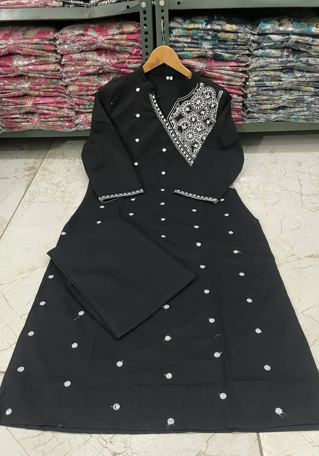 Black Embroidered Cotton Straight Kurta Set