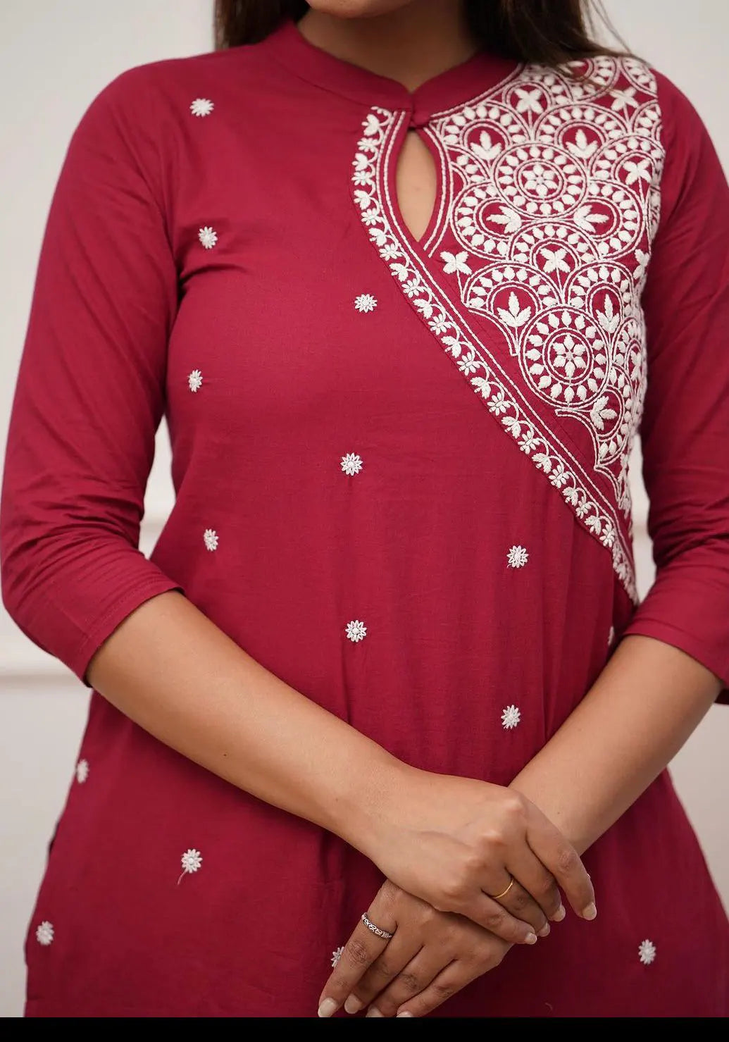 Maroon Embroidered Cotton Straight Kurta Set