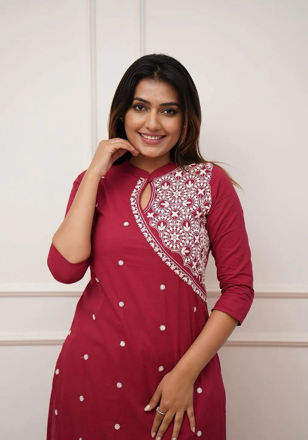 Maroon Embroidered Cotton Straight Kurta Set