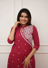 Maroon Embroidered Cotton Straight Kurta Set