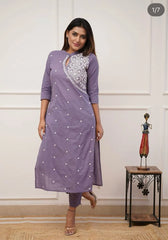Lavender Embroidered Cotton Straight Kurta Set