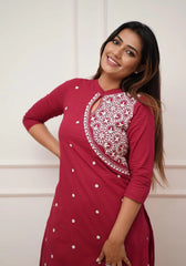 Maroon Embroidered Cotton Straight Kurta Set