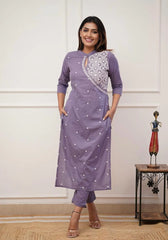 Lavender Embroidered Cotton Straight Kurta Set